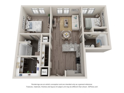 Floor plan for 2 beds, 2 baths, 934 sqft